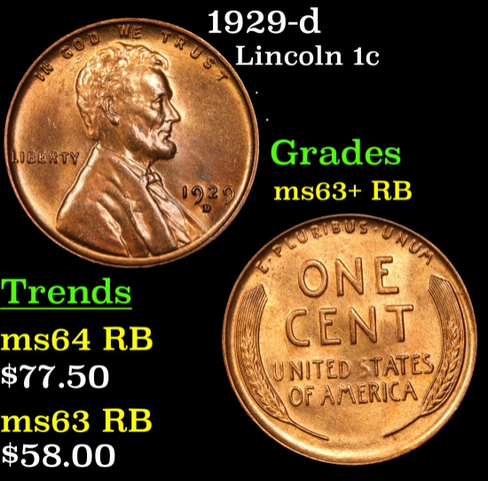 1929-d Lincoln Cent 1c Grades Select+ Unc RB
