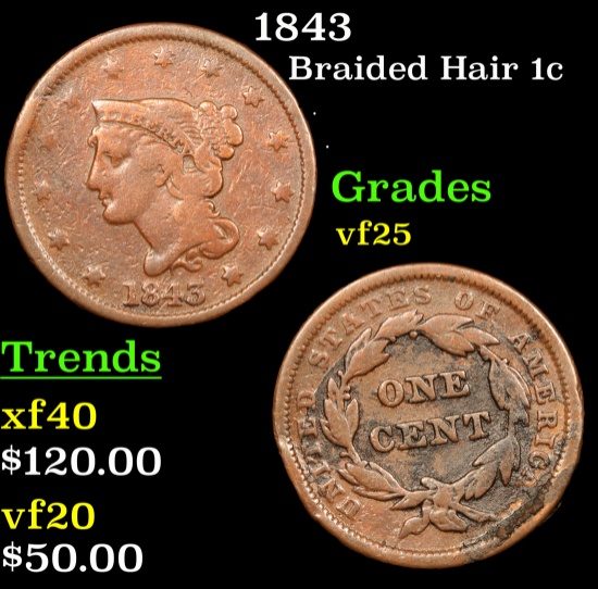 1843 Braided Hair Large Cent 1c Grades vf+