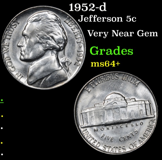 1952-d Jefferson Nickel 5c Grades Choice+ Unc