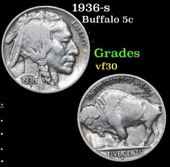 1936-s Buffalo Nickel 5c Grades vf++