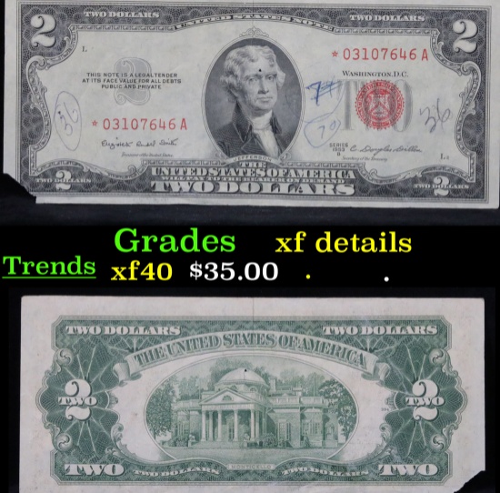 ***Star Note 1953B $2 Red Seal United States Note Grades xf details