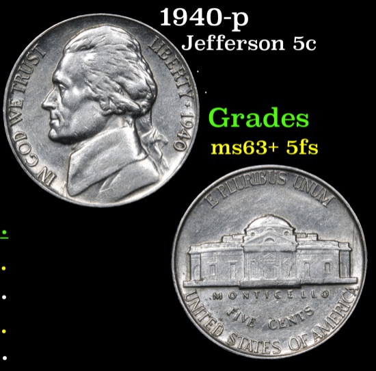 1940-p Jefferson Nickel 5c Grades Select Unc+ 5fs