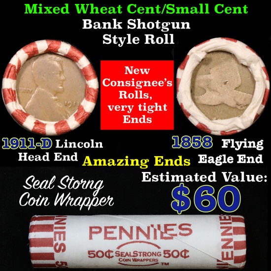 Mixed small cents 1c orig shotgun roll, 1858 Flying Eagle Cent, 1911-d Wheat Cent other end