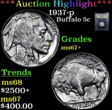 ***Auction Highlight*** 1937-p Buffalo Nickel 5c Graded Gem++ Unc By USCG (fc)