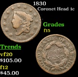 1830 Coronet Head Large Cent 1c Grades f+