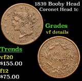 1839 Booby Head Coronet Head Large Cent 1c Grades vf details