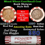 Mixed small cents 1c orig shotgun roll, 1913-d Wheat Cent, 1890 Indian Cent other end