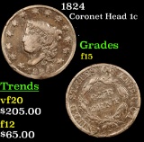 1824 Coronet Head Large Cent 1c Grades f+