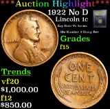 ***Auction Highlight*** 1922 No D Lincoln Cent 1c Graded f+ By USCG (fc)