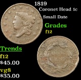 1819 Coronet Head Large Cent 1c Grades f, fine