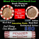 Mixed small cents 1c orig shotgun roll, 1918-d Wheat Cent, 1893 Indian Cent other end