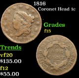 1816 Coronet Head Large Cent 1c Grades f+