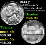 1944-p Jefferson Nickel 5c Grades GEM 5fs