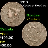 1818 Coronet Head Large Cent 1c Grades vf details