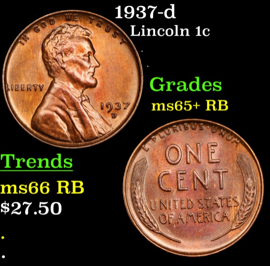 1937-d Lincoln Cent 1c Grades Gem+ Unc RB