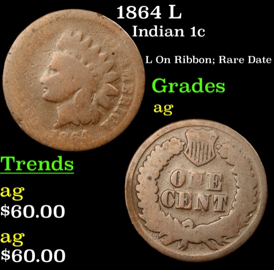1864 L Indian Cent 1c Grades ag