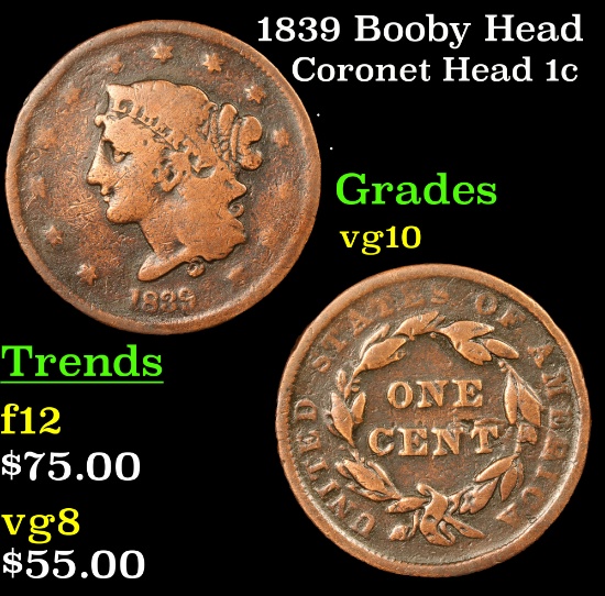 1839 Booby Head Coronet Head Large Cent 1c Grades vg+