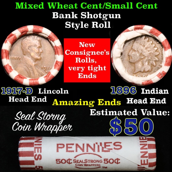 Mixed small cents 1c orig shotgun roll, 1917-d Wheat Cent, 1896 Indian Cent other end