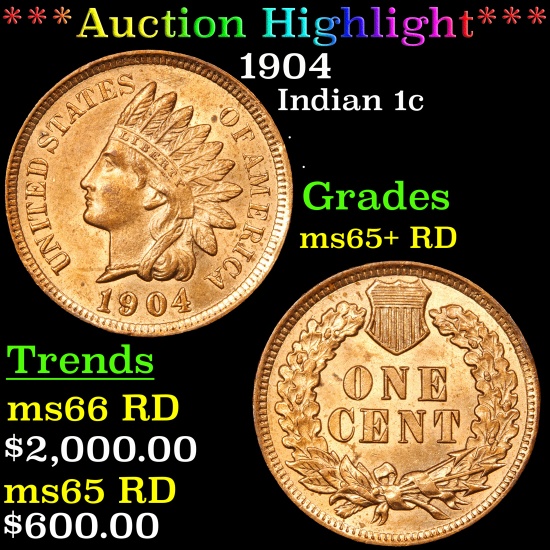 ***Auction Highlight*** 1904 Indian Cent 1c Grades Gem+ Unc RD (fc)