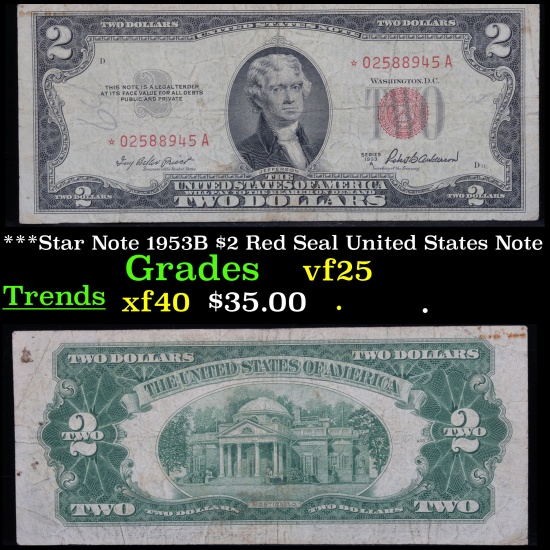 ***Star Note 1953B $2 Red Seal United States Note Grades vf+