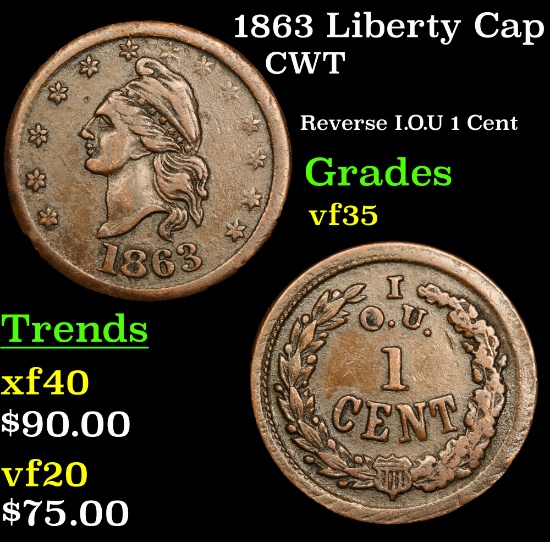 1863 Liberty Cap Civil War Token 1c Grades vf++