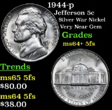 1944-p Jefferson Nickel 5c Grades Choice Unc+ 5fs