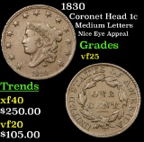 1830 Coronet Head Large Cent 1c Grades vf+