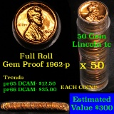 Proof 1962-s Lincoln cent 1c roll, 50 pieces (fc) . .