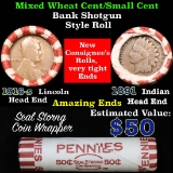 Mixed small cents 1c orig shotgun roll, 1916-s Wheat Cent, 1891 Indian Cent other end