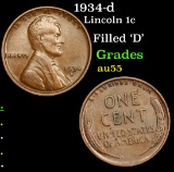 1934-d Lincoln Cent 1c Grades Choice AU