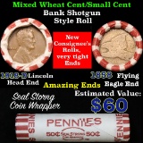 Mixed small cents 1c orig shotgun roll, 1858 Flying Eagle Cent, 1918-d Wheat Cent other end