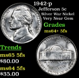 1942-p Jefferson Nickel 5c Grades Choice Unc+ 5fs