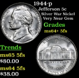 1944-p Jefferson Nickel 5c Grades Choice Unc+ 5fs