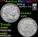 ***Auction Highlight*** 1914-p Barber Quarter 25c Graded Choice Unc By USCG (fc)