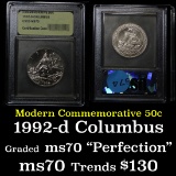 1992-d Columbus . . Modern Commem Half Dollar 50c Graded ms70, Perfection By USCG