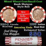 Mixed small cents 1c orig shotgun roll, 1910-d Wheat Cent, 1893 Indian Cent other end