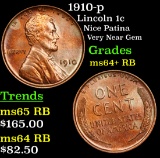 1910-p Lincoln Cent 1c Grades Choice+ Unc RB