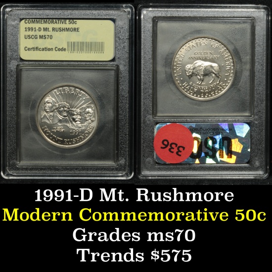 1991-d Mt. Rushmore . . Modern Commem Half Dollar 50c Grades ms70, Perfection