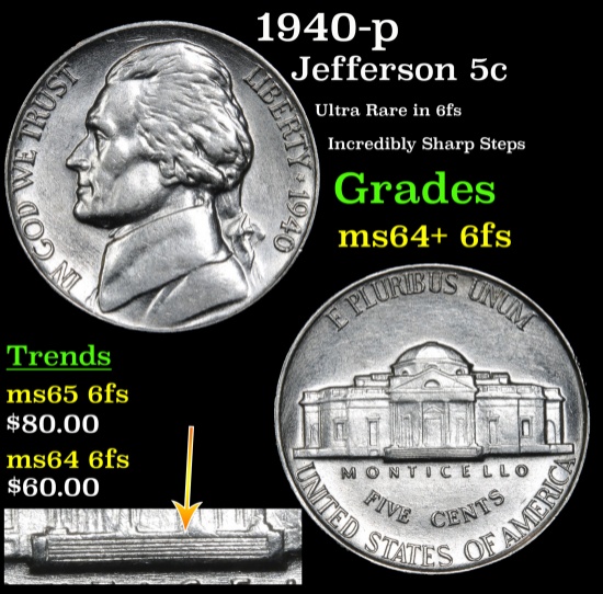 1940-p Jefferson Nickel 5c Grades Choice Unc+ 6fs