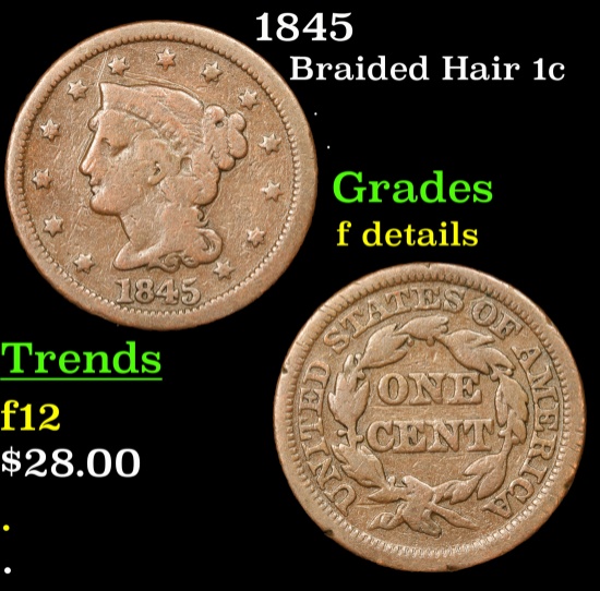 1845 Braided Hair Large Cent 1c Grades f details