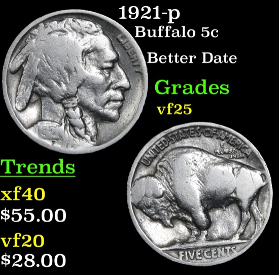 1921-p Buffalo Nickel 5c Grades vf+