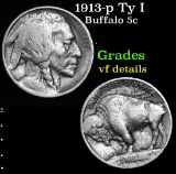 1913-p Ty I Buffalo Nickel 5c Grades vf details