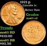 1921-p Lincoln Cent 1c Grades Select Unc RD
