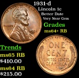 1931-d Lincoln Cent 1c Grades Choice+ Unc RB