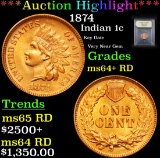 ***Auction Highlight*** 1874 Indian Cent 1c Graded Choice+ Unc RD By USCG (fc)