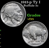 1913-p Ty I Buffalo Nickel 5c Grades vf+