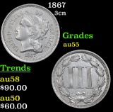1867 Three Cent Copper Nickel 3cn Grades Choice AU