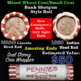 Mixed small cents 1c orig shotgun roll, 1915-d Wheat Cent, 1880 Indian Cent other end