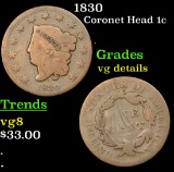 1830 Coronet Head Large Cent 1c Grades vg details