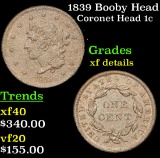 1839 Booby Head Coronet Head Large Cent 1c Grades xf details